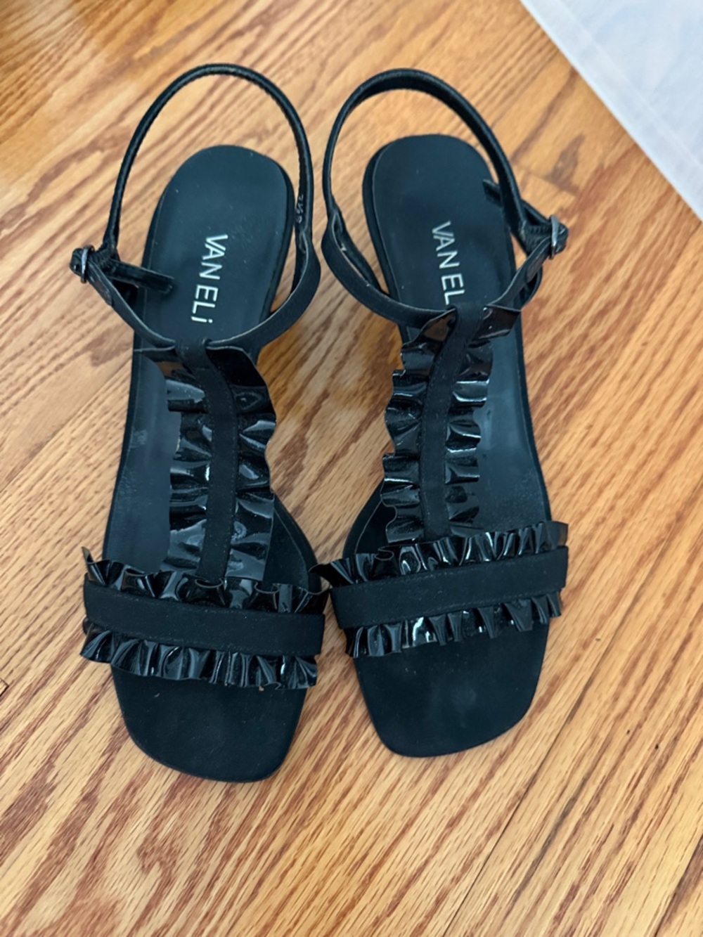 Vaneli Black Ruffle T-Strap Slingback Sandals